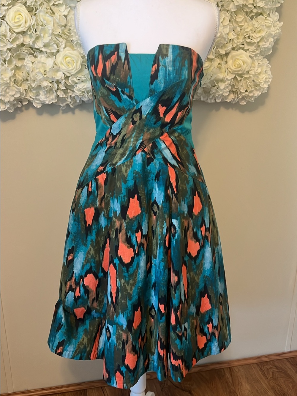 Strapless Teal and Coral Print Cocktail Dress